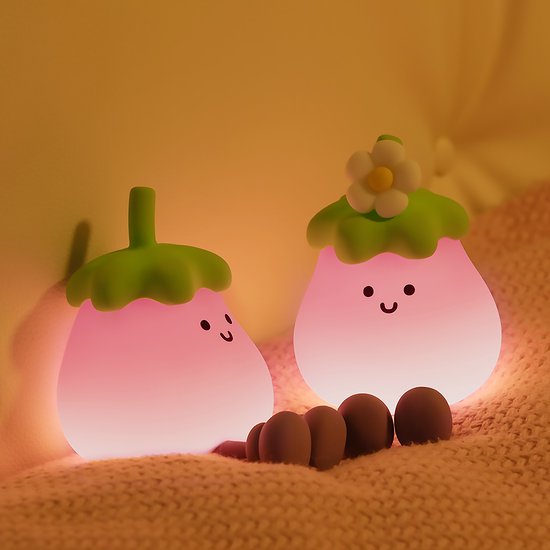 Kinder Nachtlampje - Aubergine - Timer - Veilig voor Kinderen - Nachtlampje Baby - Zacht Siliconen - Dimbaar - Telefoonhouder - Draadloos - Babykamer Verlichting - USB Oplaadbaar - LED - Slaaphulp - Duurzaam - Bedlampje - Kindvriendelijk - Fruit van kinder — afbeelding 4