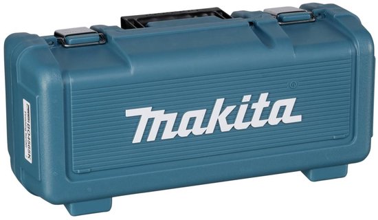 Turquoise Makita opbergkoffer met handvat en gespen.