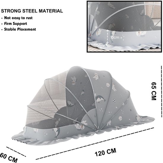 Baby klamboe Baby hemeltje opvouwbaar Baby Muggen Tent Net, Ademend Bodemloos Draagbaar Wieg Net Zonnescherm voor Baby's, Peuters, Eenvoudig Gebruik, voor de Veilige Slaap van Uw Baby 120x60x65 cm (0-3 jaar, Grijs) — afbeelding 4