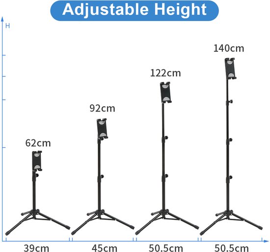 Vier zwarte driepootstandaarden voor tablets in verschillende hoogtes: 62cm, 92cm, 122cm, 140cm.