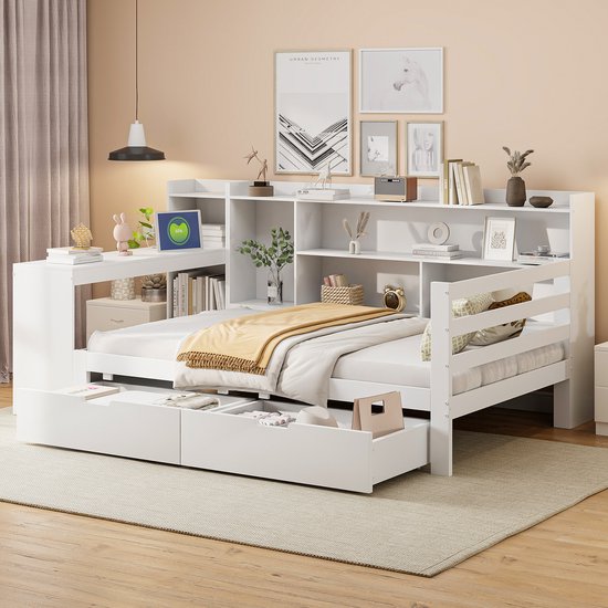 Pugsdrly Lit simple Lit enfant Canapé-lit en bois massif 90x200 cm avec bureau, étagères, compartiments de rangement et étagères avec 2 grands placards de rangement blanc