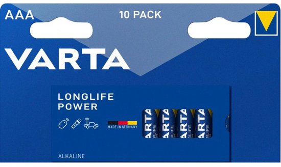 Varta Longlife Power AAA alkaline batterijen, 10 stuks in verpakking. Gemaakt in Duitsland.