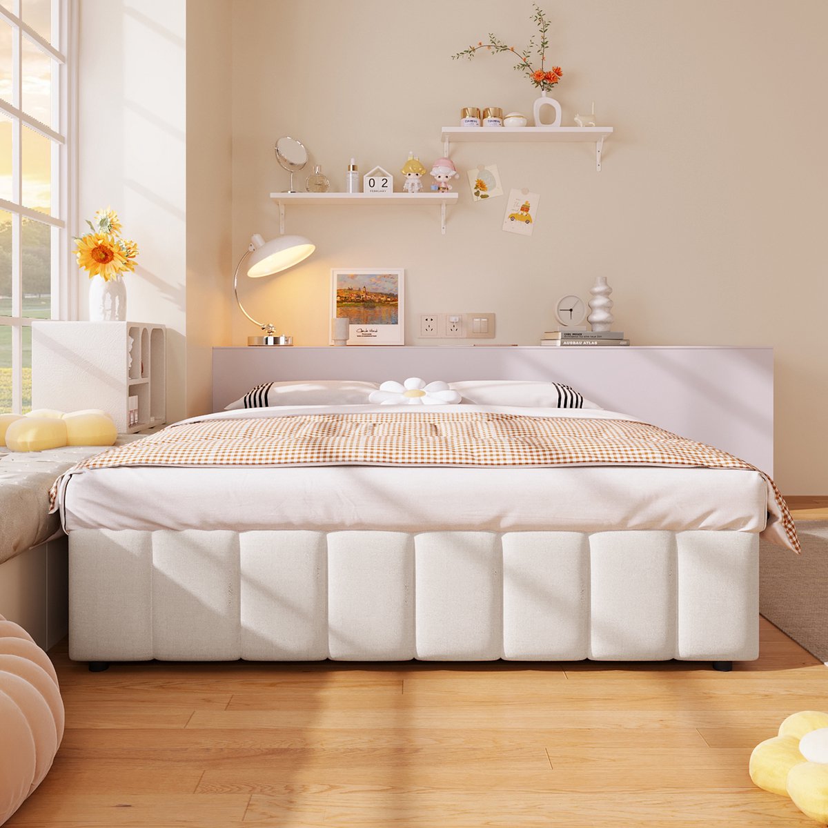 Pugsdrly Tweepersoonsbed Volwassen bed 140x200 cm hydraulische opberging zonder hoofdeinde modern Linnen beige