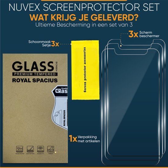 NUVEX SCREENPROTECTOR SET: Wat krijg je geleverd? 3x Scherm beschermer, 3x Schoonmaak setje, 1x Verpakking met artikelen.