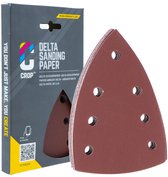 CROP Delta schuurpapier verpakking met daarboven een stapel bruine schuurvellen met 9 gaten.