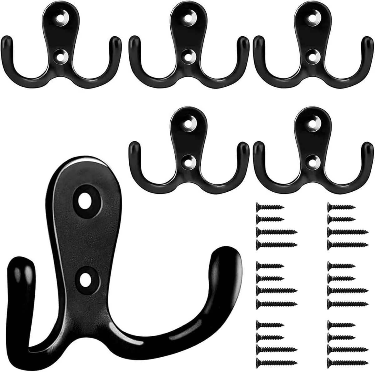 Dubbele Kledinghaken - Retro Metaal - 6 Stuks - Zwart