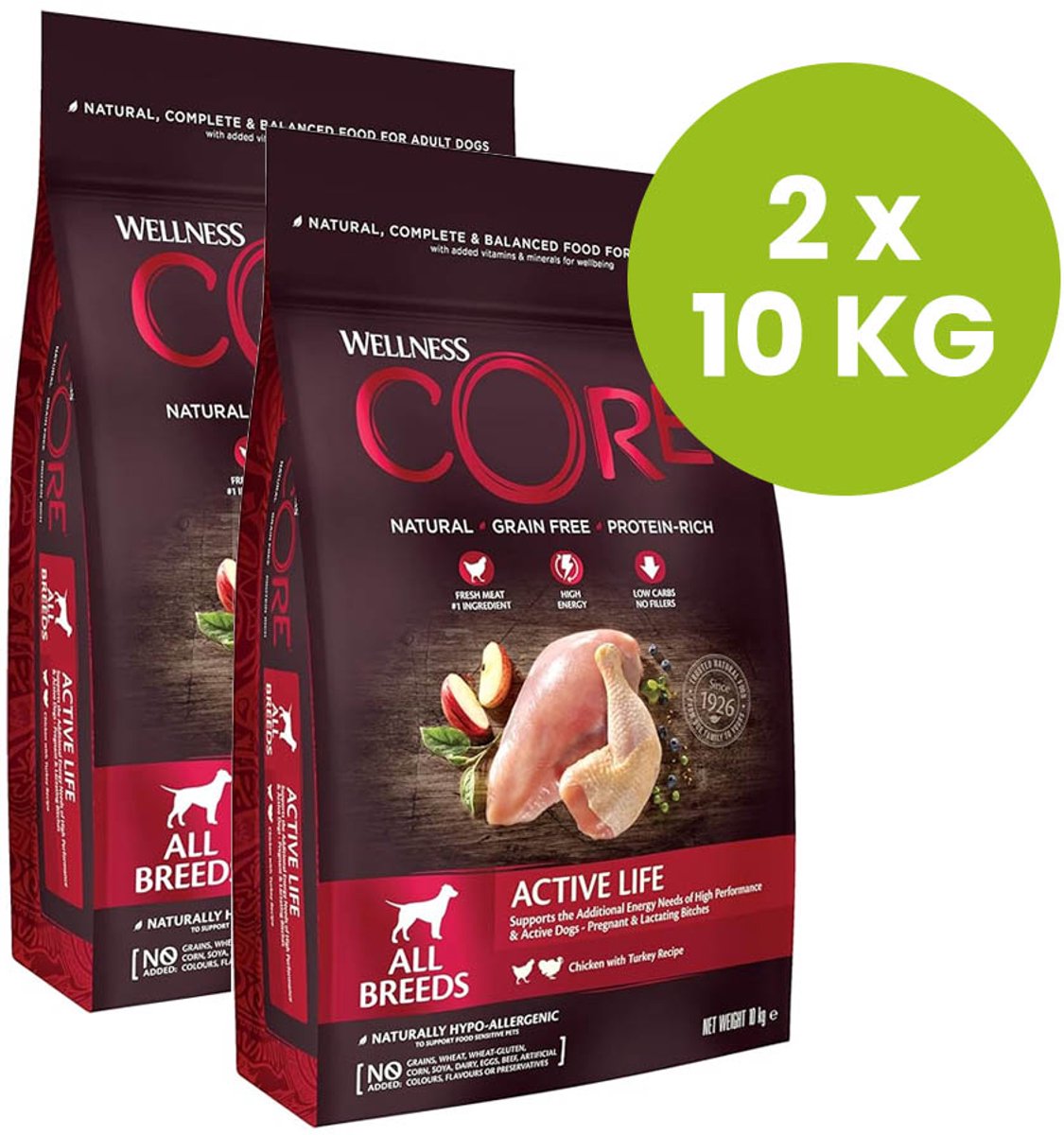 Wellness CORE dry dog adult active life Kalkoen & Kip 20KG – Hondenvoer 20KG – 2 x 10kg