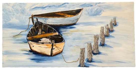 Tableau peint à la main - Bateaux avec poteaux de plage en bois - semi-abstrait - 50 x 100 cm