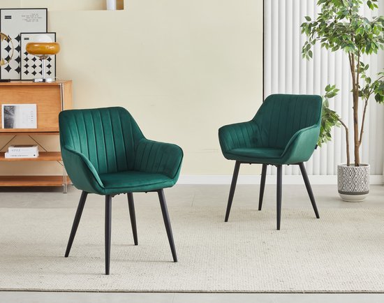 Colenis® - Chaise de salle à manger Luna - Set de 4 - Vert - Velours - Avec accoudoirs