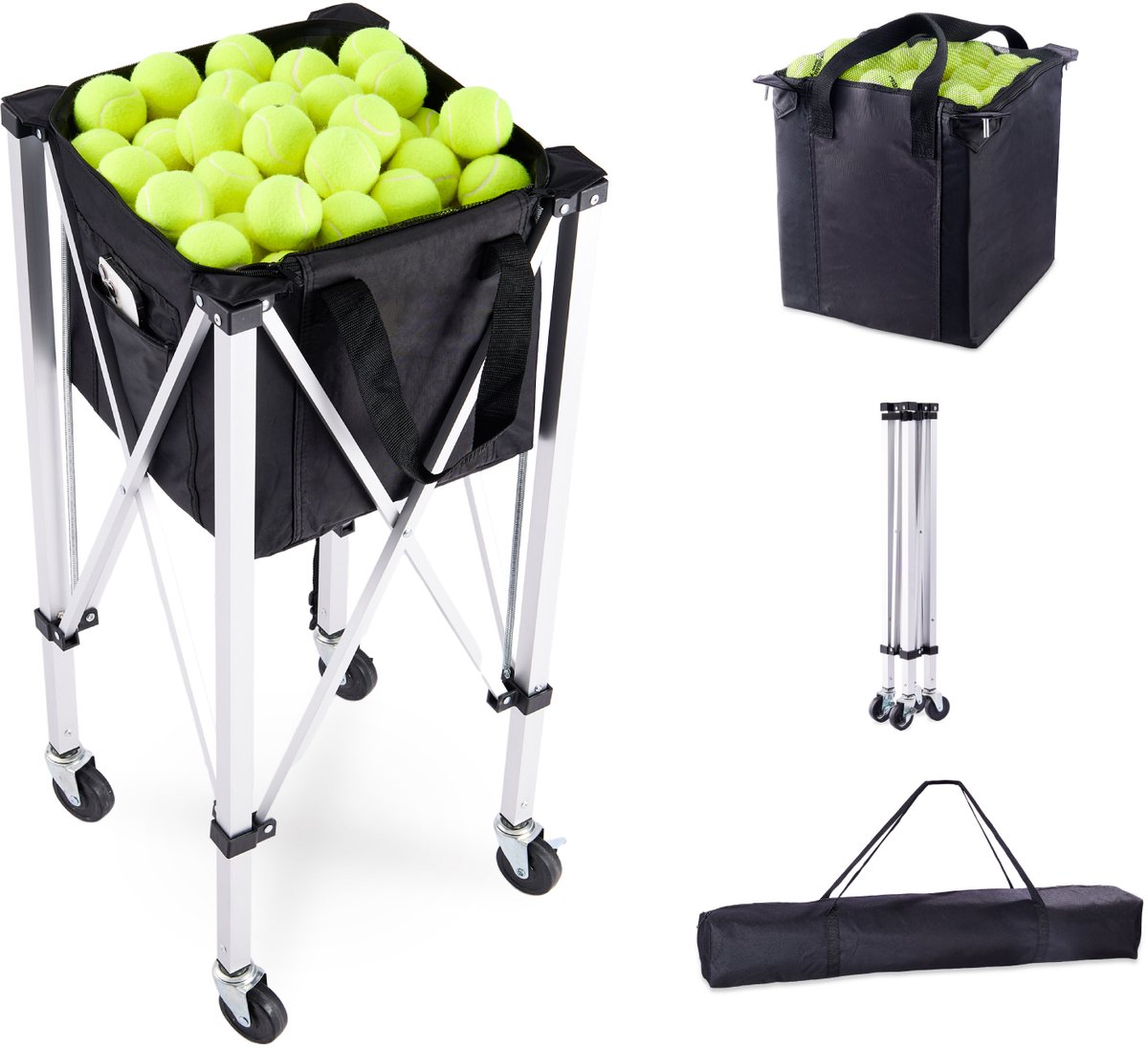 FIBILA Opvouwbare Tennisbalkar - Tennisballen Kar - Tennis Hopper - Tennisballenmand - Opvouwbare Trolley - 150/180 Tennisballen Capaciteit - Aluminium Legering Frame - 360° Draaibare Wielen - Lichtgewicht en Draagbaar