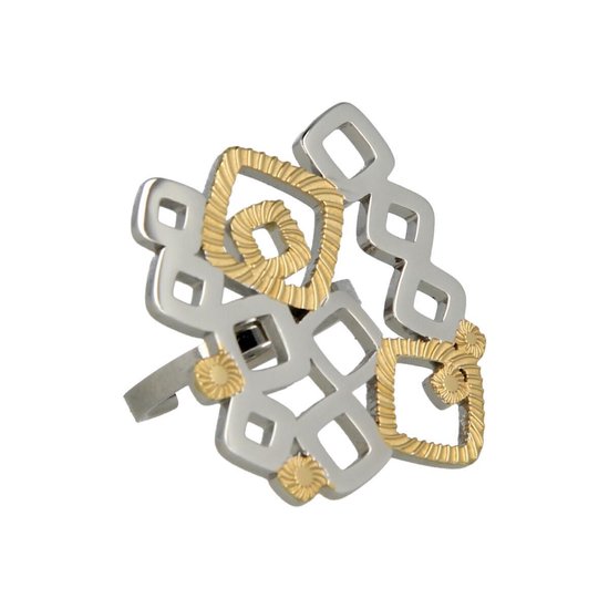 My Bendel - Unieke dames ring zilverkleurig - goud - Chique en unieke ring met goud en zilverkleurige elementen - Met luxe cadeauverpakking
