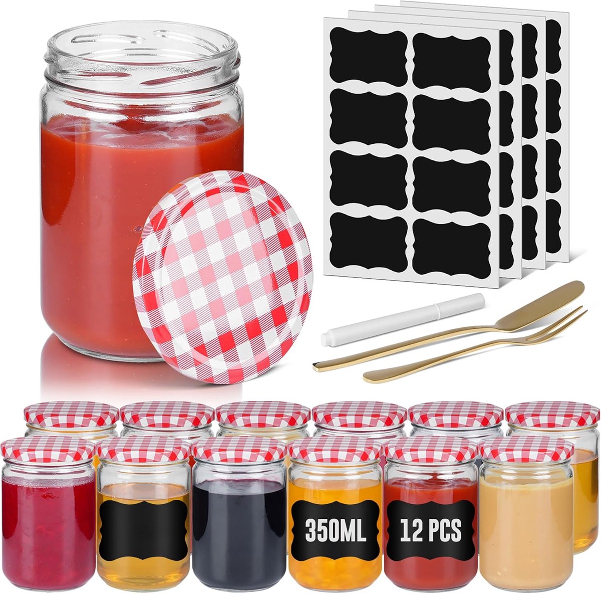 NAIZY kleine inmaak potten 12 stuks set Mason Jar ronde jam potten met metalen deksel 350ml Mini luchtdichte potten transparante inmaak pot voor honing, kruiden, jam (rood en wit geruit)