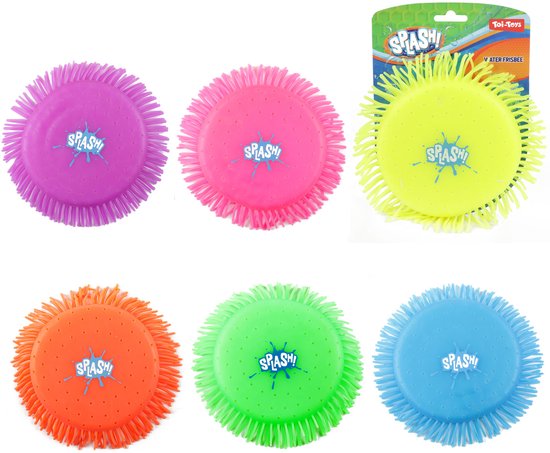 Collage van zes waterfrisbees in de kleuren paars, roze, geel, oranje, groen en blauw, elk met stekels en 'Splash!' logo.