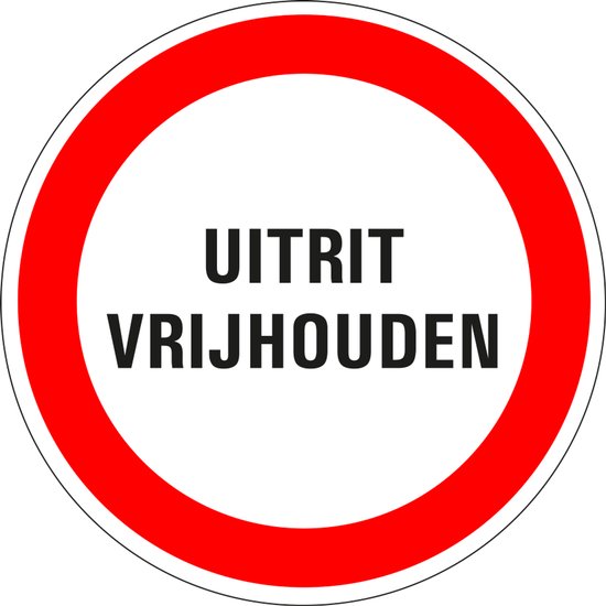 Verkeersbord met rode cirkel en tekst UITRIT VRIJHO depending