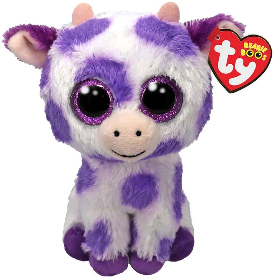 Paarse en witte knuffelkoe met paarse stippen, grote glitterogen en roze hoorntjes.