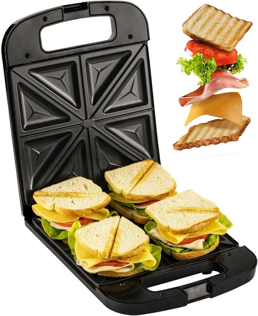 Grote Sandwichmaker XXL - 2000 W - Rooster voor 4 Sandwiches met Vuurvaste Handgreep - Zwart