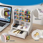 Famanu Organiseur de bureau en bois multifonctionnel, boîte à stylos pour papeterie de bureau, pour la maison, le bureau, les fournitures scolaires, support de rangement avec tiroir (Wit)