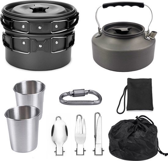 Camping Kookgerei - 9 -delig -Opvouwbare campingpannen - veilig en BPA - Geschikt voor 2-3 personen Buitenpicknick Kamperen Wandelenpannenset - Campingpot - Kookgerei - Kookset -Outdoor Camping Pannenset - Pannenset- Ideaal voor Kamperen — afbeelding 4