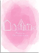 DesignClaud Kerstposter Merry Christmas Huisjes - Kerstdecoratie Roze A3 + Fotolijst zwart