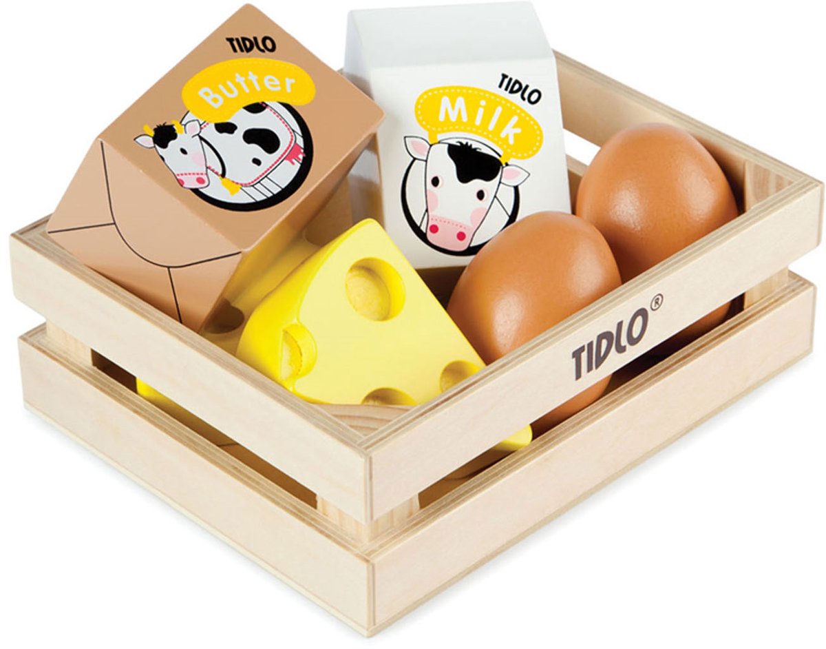 Tidlo houten kratje met zuivel kaas boter eieren en melk