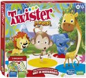 Doos van Twister Junior met opdruk van een leeuw, aap, olifant en giraf op gele, blauwe en rode cirkels.