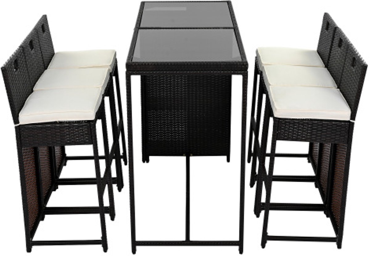 Gotagee Tuinloungeset, 7-delige tuinbarset met kussens, opbergruimte, tafelblad van gehard glas, polyrotan, zwart-donkerbruin mix