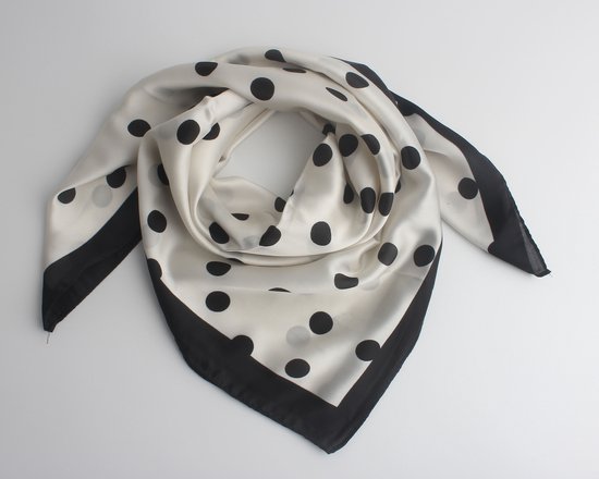 Niocle bandana- Accessories Junkie Amsterdam- Geweven- Stippen- Dames- Viscose zijde- Vierkant- 70*70cm- Hals doekje- Sjaaltje- Wit zwart