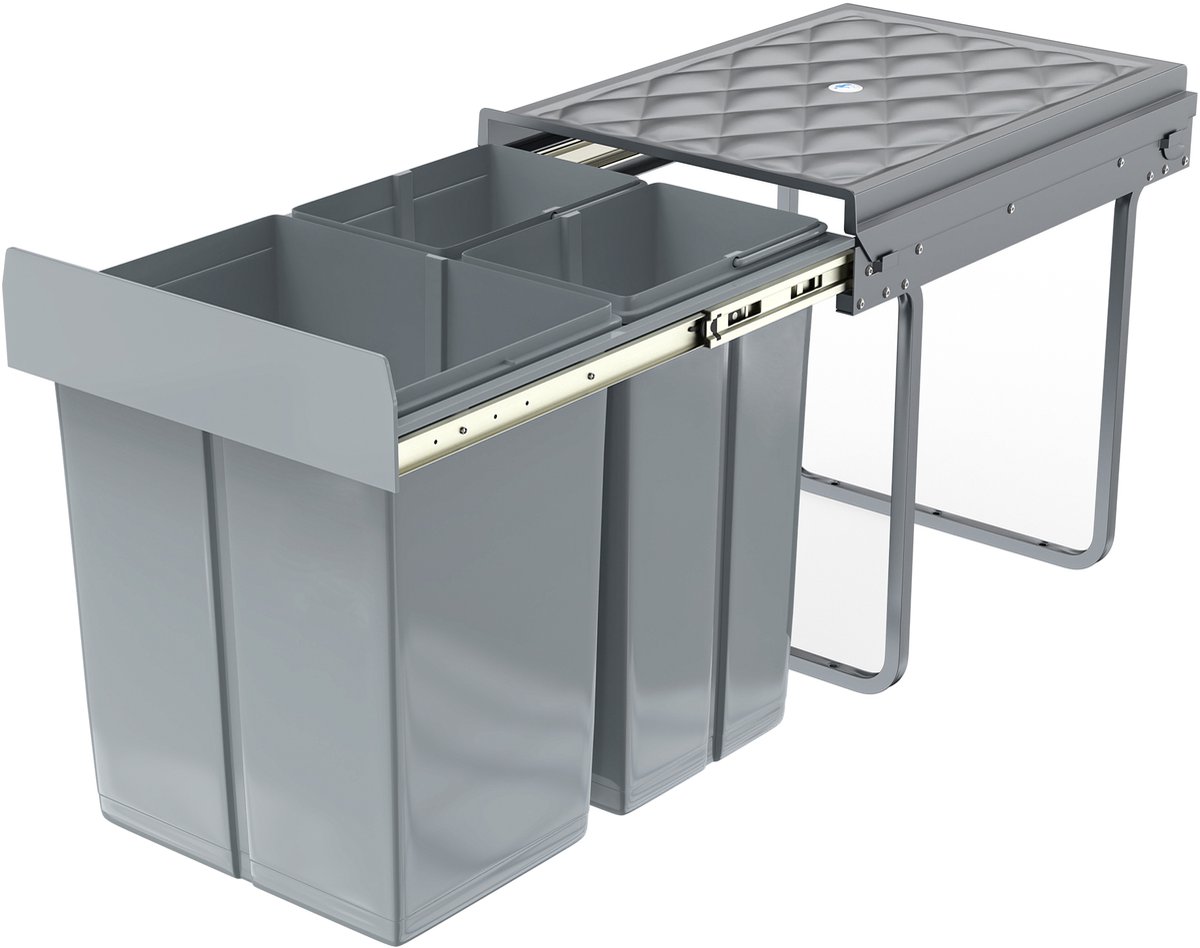 Aufun Inbouw Prullenbak Onder De Kast, Inbouw Prullenbak, Keuken Prullenbak, Uitschuifbare Afvalverzamelaar, Afvalscheidingssysteem Met Telescopische Rails, Grijs (2x10L+1x20L)
