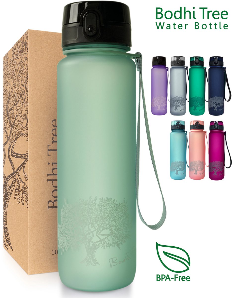 Bodhi Tree® Waterfles 1 Liter - Drinkfles 100% Lekvrij - BPA vrij - Fruit Filter - Waterflessen Drinkflessen Volwassenen - Groen - Moss Green