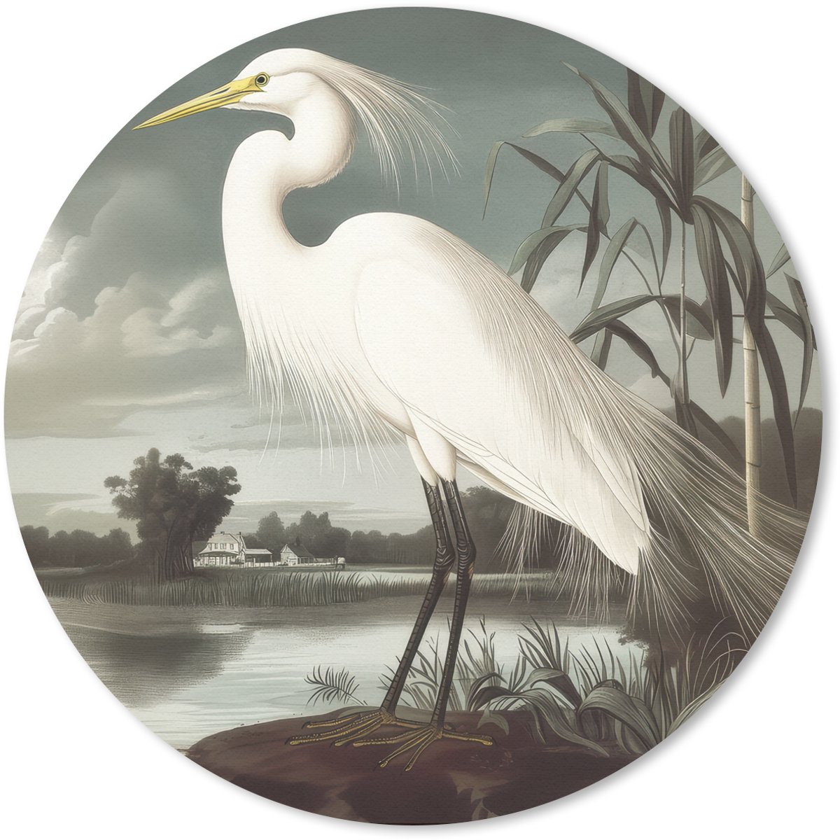 Muismat rond 20x20 cm - Mousepad Reiger - Planten - Wolken - Wit - Ronde muismatten