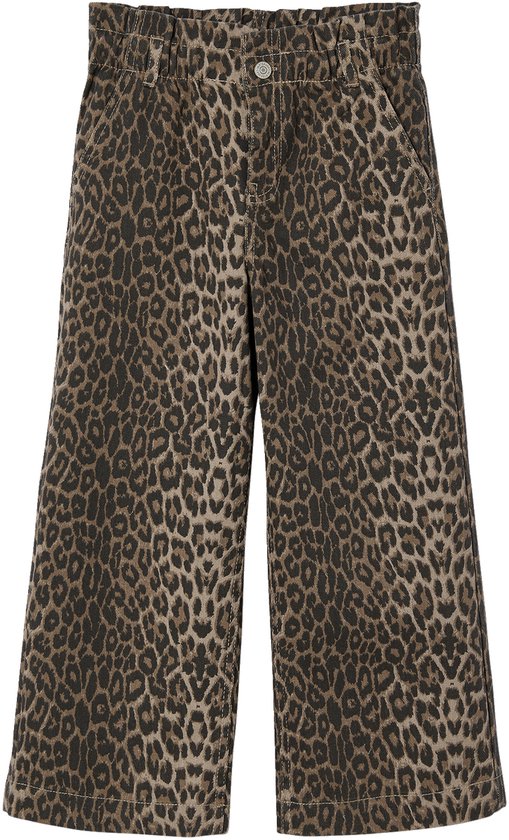 Meisjesbroek met luipaardprint, wijde pijpen en elastische tailleband.