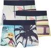 Drie boxershorts met surf-prints: surfer, camper, strand en palmboom. Blauw, groen, geel.