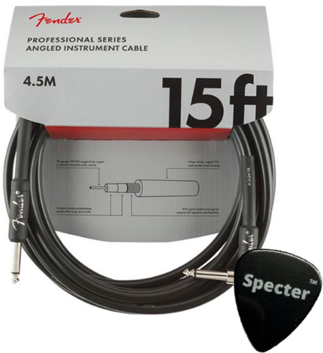 Fender Gitaar Instrument Kabel 4.5m - Haakse Plug + Specter Plectrum – Betrouwbare Geluidskwaliteit