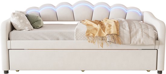 Méridienne - Méridienne 90x200cm avec lit gigogne - canapé-lit - lit simple - sans Matras - velours - lumière d'ambiance changeante de couleur - beige