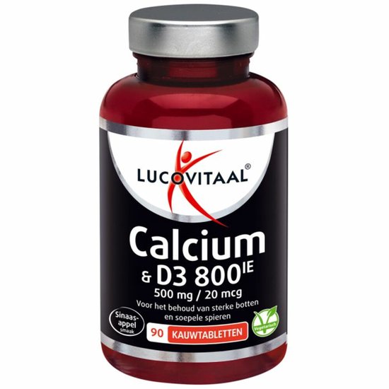 Lucovitaal Calcium & D3 800IE, 500 mg / 20 mcg kauwtabletten in donkerrode fles met zilveren dop. Sinasappel smaak. 90 kauwtabletten. Vegetarisch.