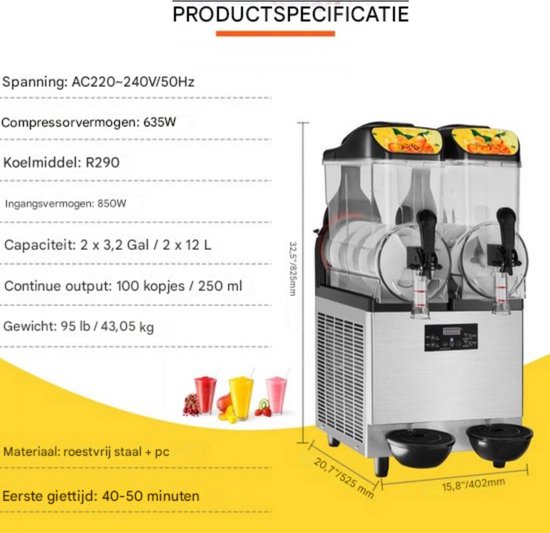 Professionele Slush puppy machine - 12L - Voor Ijskoude Drankjes - Frozen drink maker van Roestvrij Staal - Dubbele tank van Merkloos — afbeelding 5