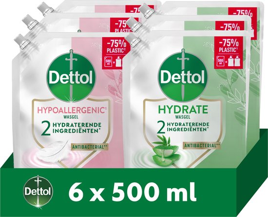 Dettol navulverpakking met 6x 500ml handzeep: Hypoallergeen (Sensitive) en Hydrate (Aloe & Bamboe).