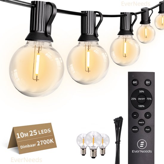 EverNeeds Lichtsnoer Voor Buiten - 10 Meter - 25 LED - Afstandsbediening - Met Dimfunctie - Lichtslinger - Sfeerverlichting Buiten en Binnen - Tuinverlichting - Lampjes Slinger - IP44 - 2700K - 3 Extra Leds