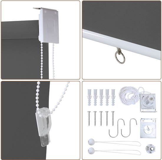 Details van het bedieningsmechanisme, ketting en diverse montagematerialen voor rolgordijnen.