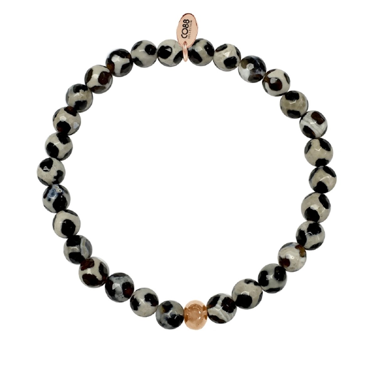 CO88 Collection Elemental 8CB-17004 Rekarmband met Stalen Element - Agaat Natuursteen 6 mm - Stippen - One-size - Zwart