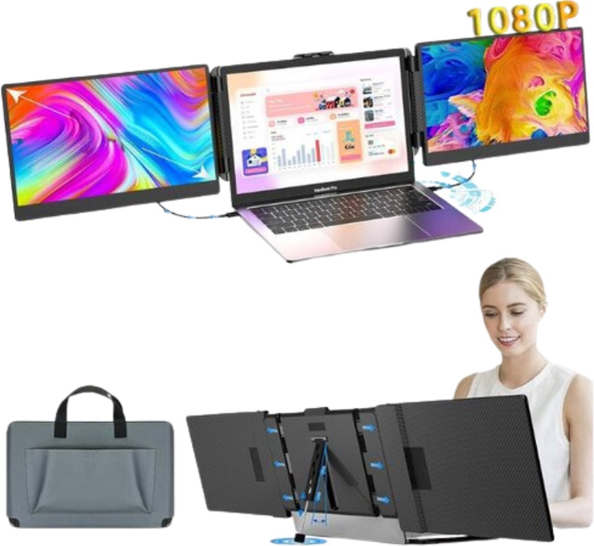 14 Inch - Dubbele Draagbare Monitor - Extra Scherm Laptop - Opvouwbaar - Draagbare Monitor - Portable Monitor - 1920x1080 - Zwart