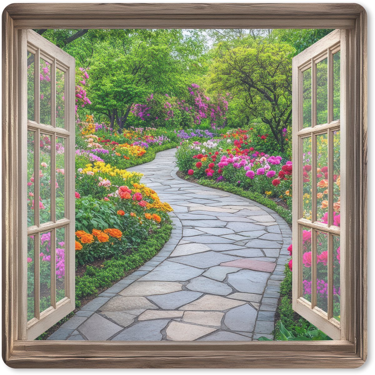 Muismat 30x30 cm - Mousepad Doorkijk - Bloemen - Tuinpad - Natuur - Raam - Muismatten