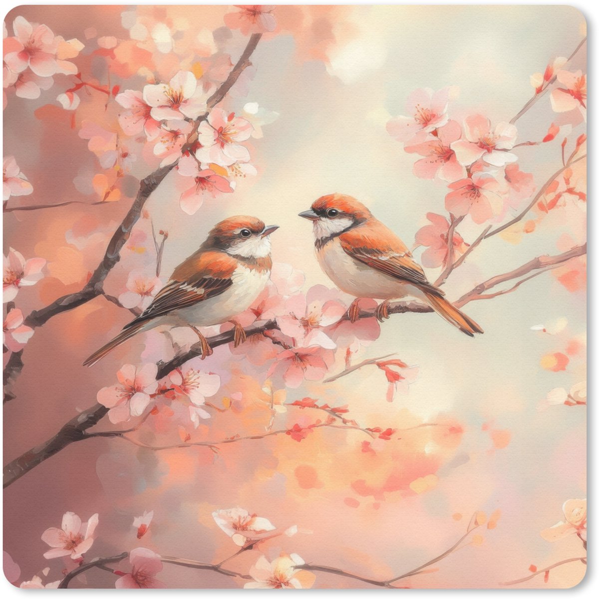 Muismat 20x20 cm - Mousepad Vogels - Romantic - Bloesemtak - Muismatten