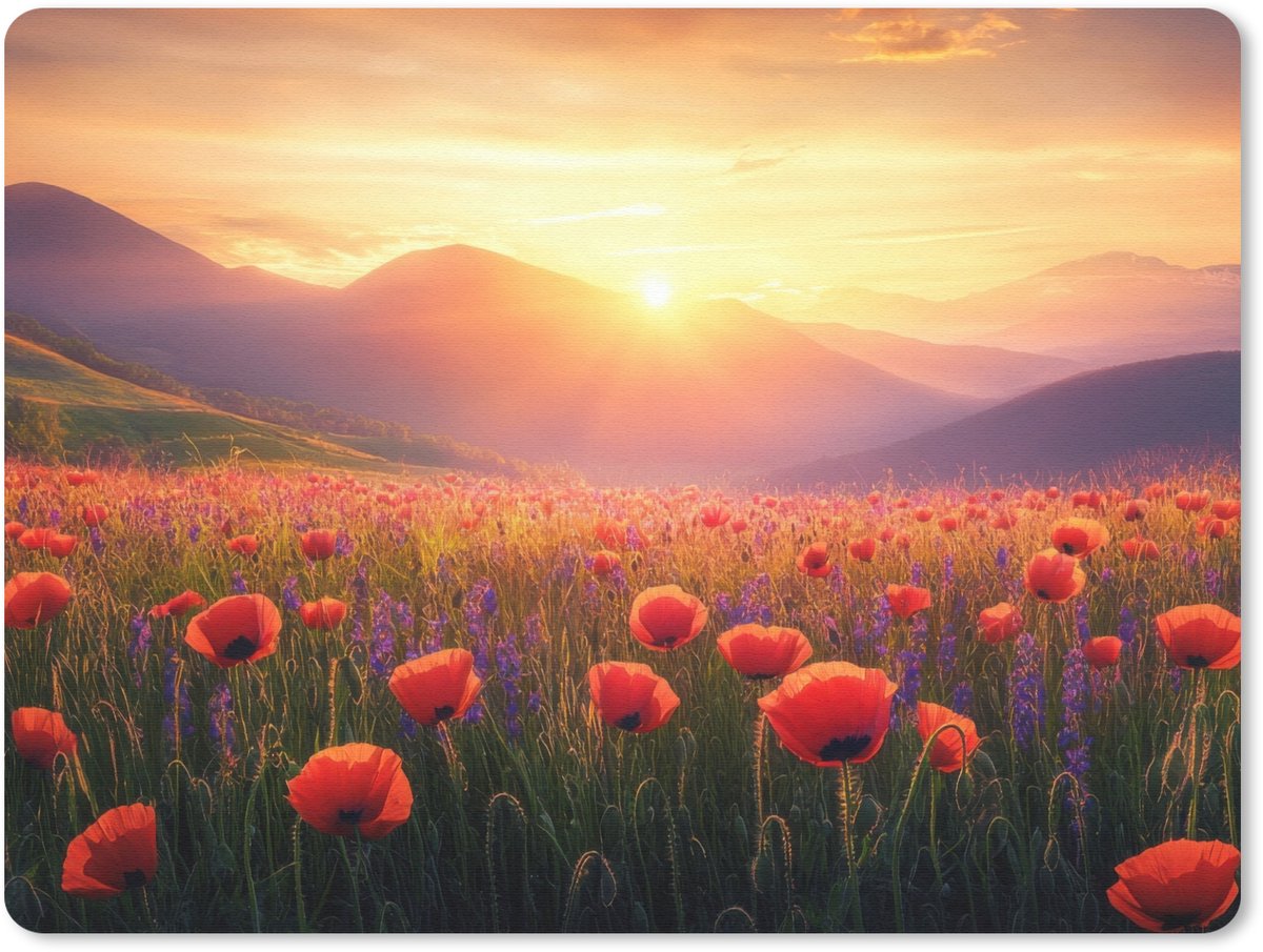 Muismat 23x19 cm - Mousepad Landschap - Zonsondergang - Bloemenveld - Muismatten