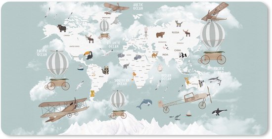Sous-main 80x40 cm - Tapis de souris Wereldkaart - Enfant - Avion - Sous-main XL - Protège-sous-main - Tapis de souris Ordinateur