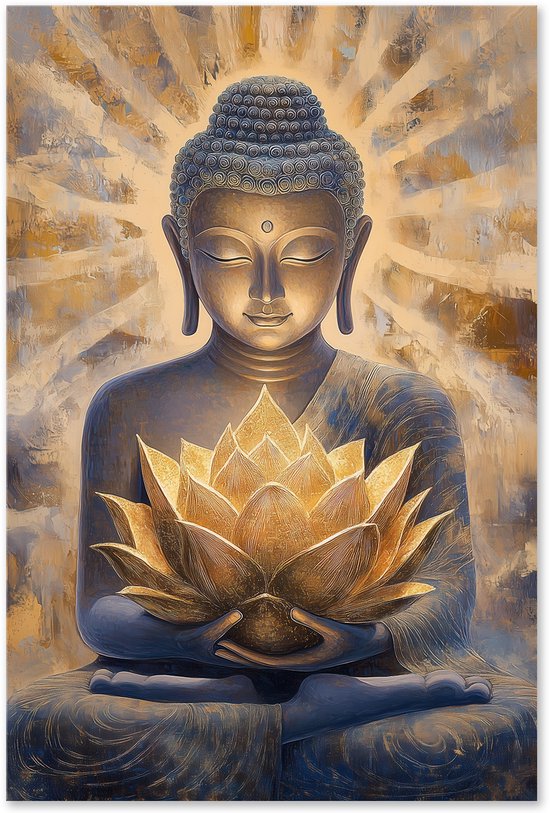 Graphic Message - Tuin Schilderij op Outdoor Canvas - Boeddha met Gouden Lotus - Goud- Buddha - Bloem - Boedhha Tuindecoratie - Houten Frame - Schutting