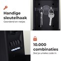Collage: Sleutelhaak in sleutelkluis, 4-cijferig slot met LED, 10.000 combinaties.