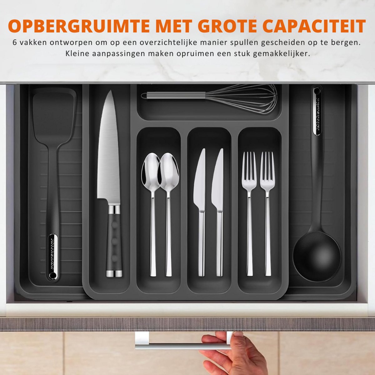 Lifewit Bestek Lade Organisator, Uitbreidbare Bestekbak voor Keukenlade, Verstelbare Houder voor Keukengerei en Zilverwerk, Plastic Besteklepels Vorken Messen Houder Opbergvak, M, Zwart