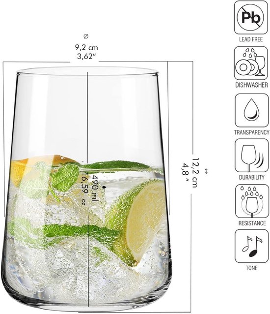 Een transparant glas van 490 ml, gevuld met ijs, munt, limoen en citroen. Afmetingen: 12,2 cm hoog, 9,2 cm diameter.