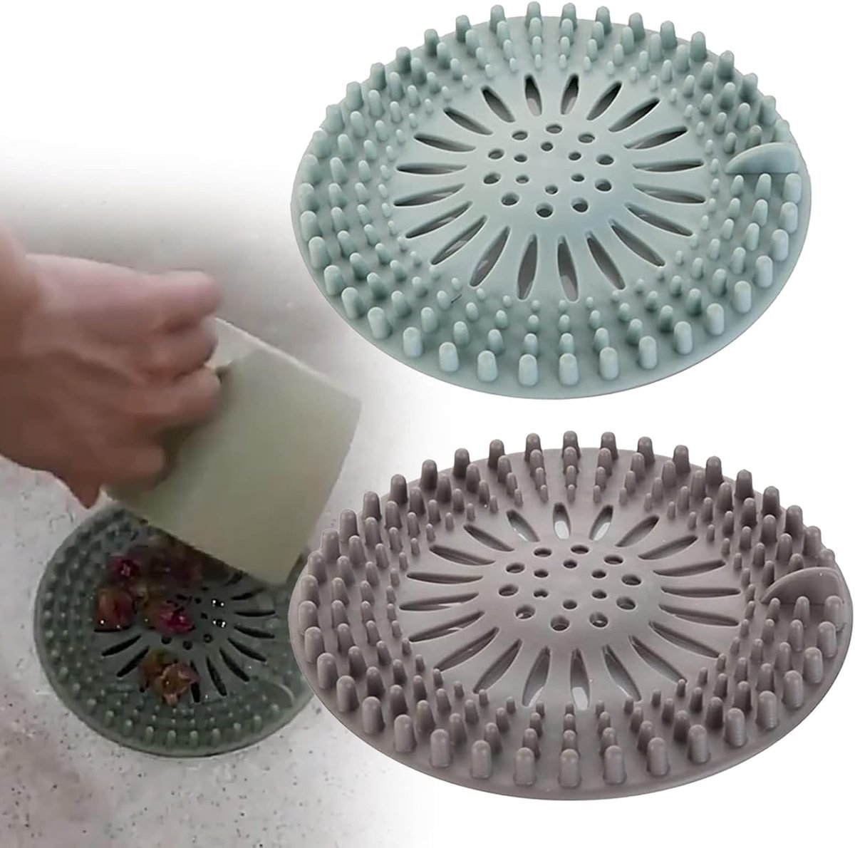 Allecto Plus - Siliconen Haarfilter - Afvoerzeef voor Keuken, Badkamer en Douche - 2 Stuks - Universele Afvoerbescherming - Blauw en Grijs